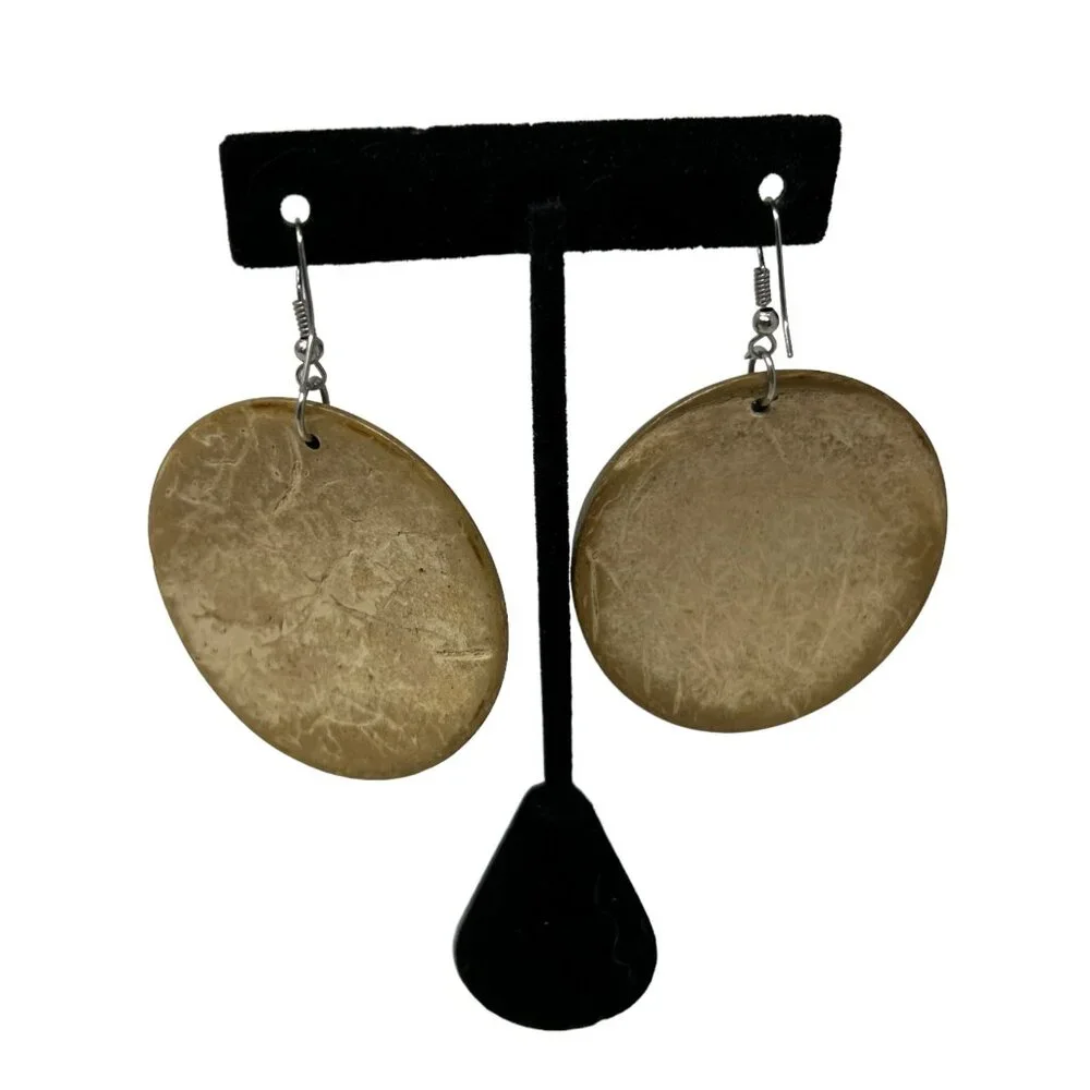 Turtle Earrings Wood Carved Brown Large Disk Wire Pierced‎ Vintage Silver Tone
